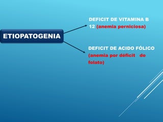 DEFICIT DE VITAMINA B
12 (anemia perniciosa)
DEFICIT DE ACIDO FÓLICO
(anemia por déficit de
folato)
ETIOPATOGENIA
 