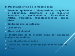 b. Por insuficiencia de la médula ósea
 Anemias aplásticas o hipoplásticas, congénitas
o adquiridas, idiopáticas o por reaciones
adversas a medicamentos: Cloramfenicol,
AINES, Fenitoina, Hipoglucemiantes orales,
otros
 Síndrome mielodisplásico
 Leucemias
 Abuso del alcohol
c. Infiltración de la médula ósea por neoplasia
maligna secundaria
 Neuroblastoma en niños
 Cáncer de mama, próstata y pulmón en adultos.
 Otros
 