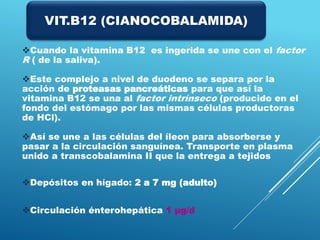 Cuando la vitamina B12 es ingerida se une con el factor
R ( de la saliva).
Este complejo a nivel de duodeno se separa por la
acción de proteasas pancreáticas para que así la
vitamina B12 se una al factor intrínseco (producido en el
fondo del estómago por las mismas células productoras
de HCl).
Así se une a las células del íleon para absorberse y
pasar a la circulación sanguínea. Transporte en plasma
unido a transcobalamina II que la entrega a tejidos
Depósitos en hígado: 2 a 7 mg (adulto)
Circulación énterohepática 1 μg/d
VIT.B12 (CIANOCOBALAMIDA)
 