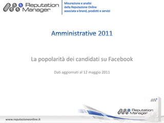La popolarità dei candidati su Facebook
                           Dati aggiornati al 12 maggio 2011




www.reputazioneonline.it
 