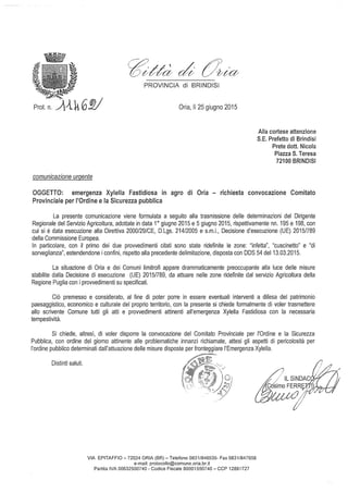 Oria - Xylella - Lettera del sindaco Ferretti