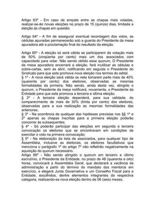Artigo 63º - Em caso de empate entre as chapas mais votadas,
realizar-se-ão novas eleições no prazo de 15 (quinze) dias, limitada a
eleição às chapas em questão.

Artigo 64º - A fim de assegurar eventual recontagem dos votos, as
cédulas apuradas permanecerão sob a guarda do Presidente da mesa
apuradora até a proclamação final do resultado da eleição.

Artigo 65º - A eleição só será válida se participarem da votação mais
de 50% (cinqüenta por cento) mais um dos associados com
capacidade para votar. Não sendo obtido esse quorum, O Presidente
da mesa apuradora encerrará a eleição, fará inutilizar as cédulas e
sobre-cartas, sem as abrir, notificando em seguida o Presidente do
Sindicato para que este promova nova eleição nos termos do edital.
§ 1º - A nova eleição será válida se nela tomarem parte mais de 40%
(quarenta por cento) dos eleitores, observadas as mesmas
formalidades da primeira. Não sendo, ainda desta vez, atingido o
quorum, o Presidente da mesa notificará, novamente, o Presidente da
Entidade para que este promova a terceira e última eleição.
§ 2º - A terceira eleição dependerá, para sua validade, do
comparecimento de mais de 30% (trinta por cento) dos eleitores,
observadas para a sua realização as mesmas formalidades das
anteriores;
§ 3º - Na ocorrência de qualquer das hipóteses previstas nos §§ 1º e
2º apenas as chapas inscritas para a primeira eleição poderão
concorrer às subsequentes;
§ 4º - Só poderão participar das eleições em segunda e terceira
convocação os eleitores que se encontravam em condições de
exercitar o voto na primeira convocação;
§ 5º - Na elaboração da lista de associados, para qualquer tipo de
Assembléia, inclusive as eleitorais, os eleitores facultativos que
menciona o parágrafo 1º do artigo 7º não refletirão negativamente na
aquisição do quorum necessário.
Artigo 66º - Não sendo atingido o quorum em terceiro e último
escrutínio, o Presidente da Entidade, no prazo de 48 (quarenta e oito)
horas, convocará a Assembléia Geral, que declarará a vacância da
administração a partir do término do mandato dos membros em
exercício, e elegerá Junta Governativa e um Conselho Fiscal para a
Entidade, escolhidos, dentre elementos integrantes da respectiva
categoria, realizando-se nova eleição dentro de 06 (seis) meses.
 