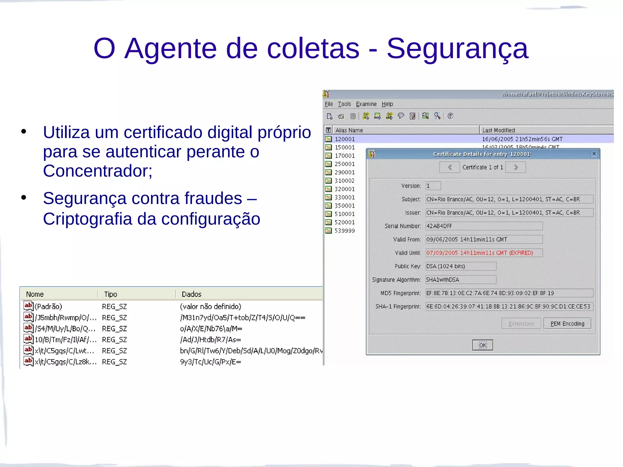 O Agente de coletas - Segurança

• Utiliza um certificado digital próprio
  para se autenticar perante o
  Concentrador;
• Segurança contra fraudes –
  Criptografia da configuração
 