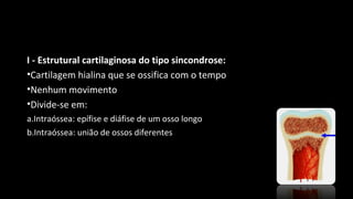 I - Estrutural cartilaginosa do tipo sincondrose:
•Cartilagem hialina que se ossifica com o tempo
•Nenhum movimento
•Divide-se em:
a.Intraóssea: epífise e diáfise de um osso longo
b.Intraóssea: união de ossos diferentes
 