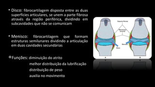 • Disco: fibrocartilagem disposta entre as duas
superfícies articulares, se unem a parte fibrosa
através da região periférica, dividindo em
subcavidades que não se comunicam
• Menisco: fibrocartilagem que formam
estruturas semilunares dividindo a articulação
em duas cavidades secundárias
Funções: diminuição do atrito
melhor distribuição da lubrificação
distribuição de peso
auxilia no movimento
 