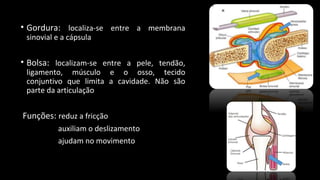 • Gordura: localiza-se entre a membrana
sinovial e a cápsula
• Bolsa: localizam-se entre a pele, tendão,
ligamento, músculo e o osso, tecido
conjuntivo que limita a cavidade. Não são
parte da articulação
Funções: reduz a fricção
auxiliam o deslizamento
ajudam no movimento
 