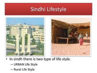 Sindhi Lifestyle
• In sindh there is two type of life style.
– URBAN Life Style
– Rural Life Style
 