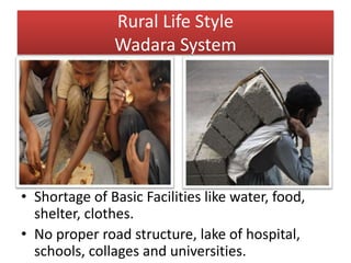 Rural Life Style
Wadara System
• Shortage of Basic Facilities like water, food,
shelter, clothes.
• No proper road structure, lake of hospital,
schools, collages and universities.
 