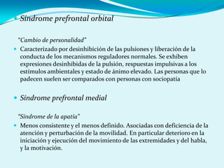  Síndrome prefrontal orbital
“Cambio de personalidad”
 Caracterizado por desinhibición de las pulsiones y liberación de la
conducta de los mecanismos reguladores normales. Se exhiben
expresiones desinhibidas de la pulsión, respuestas impulsivas a los
estímulos ambientales y estado de ánimo elevado. Las personas que lo
padecen suelen ser comparados con personas con sociopatía
 Síndrome prefrontal medial
“Síndrome de la apatía”
 Menos consistente y el menos definido. Asociadas con deficiencia de la
atención y perturbación de la movilidad. En particular deterioro en la
iniciación y ejecución del movimiento de las extremidades y del habla,
y la motivación.
 