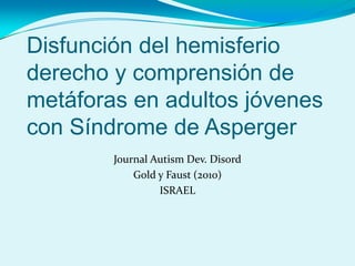Disfunción del hemisferio
derecho y comprensión de
metáforas en adultos jóvenes
con Síndrome de Asperger
Journal Autism Dev. Disord
Gold y Faust (2010)
ISRAEL
 