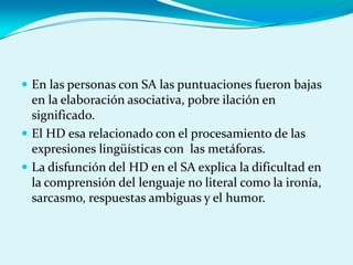  En las personas con SA las puntuaciones fueron bajas
en la elaboración asociativa, pobre ilación en
significado.
 El HD esa relacionado con el procesamiento de las
expresiones lingüísticas con las metáforas.
 La disfunción del HD en el SA explica la dificultad en
la comprensión del lenguaje no literal como la ironía,
sarcasmo, respuestas ambiguas y el humor.
 