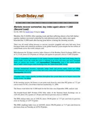 SindhToday_Oct 8, 2008_Markets recover somewhat, key index again above 11K