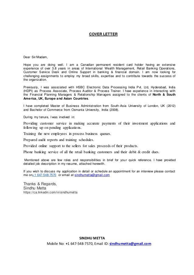 sample cover letter for permanent residence application in canada