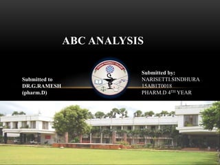 ABC ANALYSIS
Submitted to
DR.G.RAMESH
(pharm.D)
Submitted by:
NARISETTI.SINDHURA
15AB1T0018
PHARM.D 4TH YEAR
 