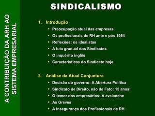 A CONTRIBUIÇÃO DA ARH AO           SINDICALISMO
                           1. Introdução
   SISTEMA EMPRESARIAL

                               •   Preocupação atual das empresas
                               •   Os profissionais de RH ante e pós 1964
                               •   Reflexões: os idealistas
                               •   A luta gradual dos Sindicatos
                               •   O inquérito inglês
                               •   Características do Sindicato hoje


                           2. Análise da Atual Conjuntura
                               •   Decisão do governo: A Abertura Política
                               •   Sindicato de Direito, não de Fato: 15 anos!
                               •   O temor dos empresários: A avalanche
                               •   As Greves
                               •   A Insegurança dos Profissionais de RH
 