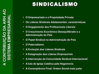 A CONTRIBUIÇÃO DA ARH AO            SINDICALISMO
   SISTEMA EMPRESARIAL

                           •   O Empresariado e a Propriedade Privada
                           •   Os Líderes Sindicais Adolescentes: características
                           •   O Engajamento dos Profissionais Liberais
                           •   O Crescimento Econômico Desequilibrado e a
                               Administração do País
                           •   O Papel Sindical na Administração do País
                           •   O Paternalismo
                           •   A Evolução dos Líderes Sindicais
                           •   A Estagnação dos Líderes Empresariais
                           •   A Intervenção da Comunidade Sindical Internacional
                           •   A luta da Igreja Católica pela Hegemonia
                           •   A Conseqüência Final: Ordem Social mais justa
 