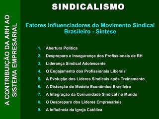 A CONTRIBUIÇÃO DA ARH AO               SINDICALISMO

                           Fatores Influenciadores do Movimento Sindical
   SISTEMA EMPRESARIAL

                                         Brasileiro - Síntese

                               1.   Abertura Política
                               2.   Despreparo e Insegurança dos Profissionais de RH
                               3.   Liderança Sindical Adolescente
                               4.   O Engajamento dos Profissionais Liberais
                               5.   A Evolução dos Líderes Sindicais após Treinamento
                               6.   A Distorção do Modelo Econômico Brasileiro
                               7.   A Integração da Comunidade Sindical no Mundo
                               8.   O Despreparo dos Líderes Empresariais
                               9.   A Influência da Igreja Católica
 