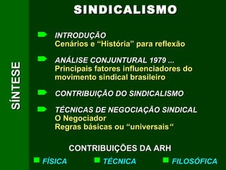 SINDICALISMO

            INTRODUÇÃO
            Cenários e “História” para reflexão

            ANÁLISE CONJUNTURAL 1979 ...
SÍNTESE



            Principais fatores influenciadores do
            movimento sindical brasileiro

            CONTRIBUIÇÃO DO SINDICALISMO

            TÉCNICAS DE NEGOCIAÇÃO SINDICAL
            O Negociador
            Regras básicas ou “universais“

                   CONTRIBUIÇÕES DA ARH
          FÍSICA         TÉCNICA           FILOSÓFICA
 