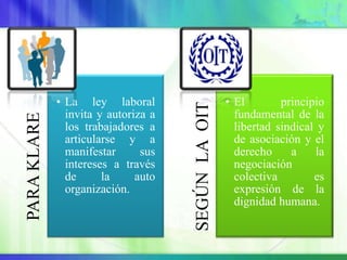 • La ley laboral                       • El        principio




                                     SEGÚN LA OIT
               invita y autoriza a                    fundamental de la
PARA KLARE




               los trabajadores a                     libertad sindical y
               articularse y a                        de asociación y el
               manifestar      sus                    derecho     a    la
               intereses a través                     negociación
               de      la     auto                    colectiva        es
               organización.                          expresión de la
                                                      dignidad humana.
 
