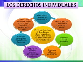 LOS DERECHOS INDIVIDUALES
                                Derecho a un
                                 mínimo de
       Derecho a la             subsistencia.
    protección social:                                 Derecho a recibir
     vivienda, salud,                                   la totalidad del
        educación,                                      producto de su
     pensión, entre                                         trabajo.
          otros.             Se refiere al conjunto
                                de derechos que
                               desde un punto de
                              vista sindical tienen
     Derecho a
                             los trabajadores con            Derecho a
    participar en
                              carácter individual:             fundar
   órganos de los
                                                             sindicatos.
     sindicatos.


                      Derecho del
                       afiliado a             Derecho a
                        expresar              afiliarse o
                    libremente sus           desafiliarse.
                       opiniones.
 