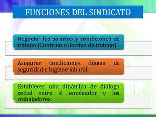 FUNCIONES DEL SINDICATO

Negociar los salarios y condiciones de
trabajo (Contrato colectivo de trabajo).

Asegurar condiciones dignas          de
seguridad e higiene laboral.

Establecer una dinámica de diálogo
social entre el empleador y los
trabajadores.
 