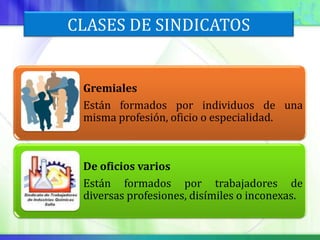 CLASES DE SINDICATOS


 Gremiales
 Están formados por individuos de una
 misma profesión, oficio o especialidad.



 De oficios varios
 Están formados por trabajadores de
 diversas profesiones, disímiles o inconexas.
 