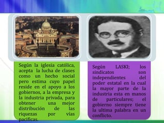 Según la iglesia católica,   Según      LASKI;     los
acepta la lucha de clases    sindicatos           son
como un hecho social         independientes       del
pero estima cuyo papel       poder estatal en la cual
reside en el apoyo a los     la mayor parte de la
gobiernos, a la empresa y    industria esta en manos
la industria privada, para   de     particulares;   el
obtener       una mejor      gobierno siempre tiene
distribución     de    las   la ultima palabra en un
riquezas      por     vías   conflicto.
pacificas.
 