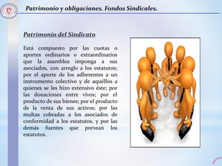 Patrimonio y obligaciones. Fondos Sindicales.
Patrimonio del Sindicato
Está compuesto por las cuotas o
aportes ordinarios o extraordinarios
que la asamblea imponga a sus
asociados, con arreglo a los estatutos;
por el aporte de los adherentes a un
instrumento colectivo y de aquéllos a
quienes se les hizo extensivo éste; por
las donaciones entre vivos; por el
producto de sus bienes; por el producto
de la venta de sus activos; por las
multas cobradas a los asociados de
conformidad a los estatutos, y por las
demás fuentes que prevean los
estatutos.
 