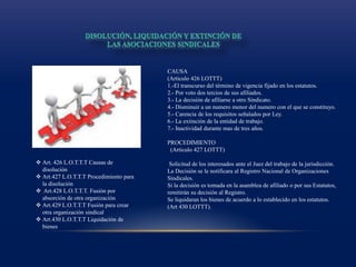 CAUSA
(Articulo 426 LOTTT)
1.-El transcurso del término de vigencia fijado en los estatutos.
2.- Por voto dos tercios de sus afiliados.
3.- La decisión de afiliarse a otro Sindicato.
4.- Disminuir a un numero menor del numero con el que se constituyo.
5.- Carencia de los requisitos señalados por Ley.
6.- La extinción de la entidad de trabajo.
7.- Inactividad durante mas de tres años.
PROCEDIMIENTO
(Articulo 427 LOTTT)
Solicitud de los interesados ante el Juez del trabajo de la jurisdicción.
La Decisión se le notificara al Registro Nacional de Organizaciones
Sindicales.
Si la decisión es tomada en la asamblea de afiliado o por sus Estatutos,
remitirán su decisión al Registro.
Se liquidaran los bienes de acuerdo a lo establecido en los estatutos.
(Art 430 LOTTT).
 Art. 426 L.O.T.T.T Causas de
disolución
 Art.427 L.O.T.T.T Procedimiento para
la disolución
 Art.428 L.O.T.T.T. Fusión por
absorción de otra organización
 Art.429 L.O.T.T.T Fusión para crear
otra organización sindical
 Art.430 L.O.T.T.T Liquidación de
bienes
 