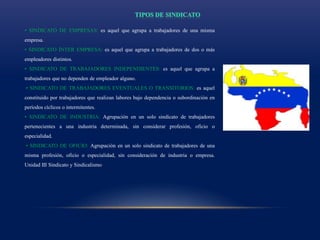 • SINDICATO DE EMPRESAS: es aquel que agrupa a trabajadores de una misma
empresa.
• SINDICATO ÍNTER EMPRESA: es aquel que agrupa a trabajadores de dos o más
empleadores distintos.
• SINDICATO DE TRABAJADORES INDEPENDIENTES: es aquel que agrupa a
trabajadores que no dependen de empleador alguno.
• SINDICATO DE TRABAJADORES EVENTUALES O TRANSITORIOS: es aquel
constituido por trabajadores que realizan labores bajo dependencia o subordinación en
períodos cíclicos o intermitentes.
• SINDICATO DE INDUSTRIA: Agrupación en un solo sindicato de trabajadores
pertenecientes a una industria determinada, sin considerar profesión, oficio o
especialidad.
• SINDICATO DE OFICIO: Agrupación en un solo sindicato de trabajadores de una
misma profesión, oficio o especialidad, sin consideración de industria o empresa.
Unidad III Sindicato y Sindicalismo
 