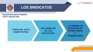 LOS SINDICATOS
Documentos para el registro.
LOTTT Artículo 382.
 