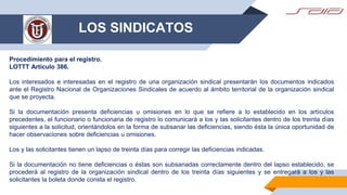 LOS SINDICATOS
Procedimiento para el registro.
LOTTT Artículo 386.
Los interesados e interesadas en el registro de una organización sindical presentarán los documentos indicados
ante el Registro Nacional de Organizaciones Sindicales de acuerdo al ámbito territorial de la organización sindical
que se proyecta.
Si la documentación presenta deficiencias u omisiones en lo que se refiere a lo establecido en los artículos
precedentes, el funcionario o funcionaria de registro lo comunicará a los y las solicitantes dentro de los treinta días
siguientes a la solicitud, orientándolos en la forma de subsanar las deficiencias, siendo ésta la única oportunidad de
hacer observaciones sobre deficiencias u omisiones.
Los y las solicitantes tienen un lapso de treinta días para corregir las deficiencias indicadas.
Si la documentación no tiene deficiencias o éstas son subsanadas correctamente dentro del lapso establecido, se
procederá al registro de la organización sindical dentro de los treinta días siguientes y se entregará a los y las
solicitantes la boleta donde consta el registro.
 