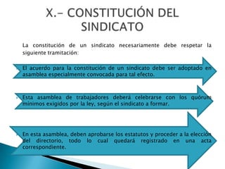 La constitución de un sindicato necesariamente debe respetar la siguiente tramitación:<br />El acuerdo para la constitució...