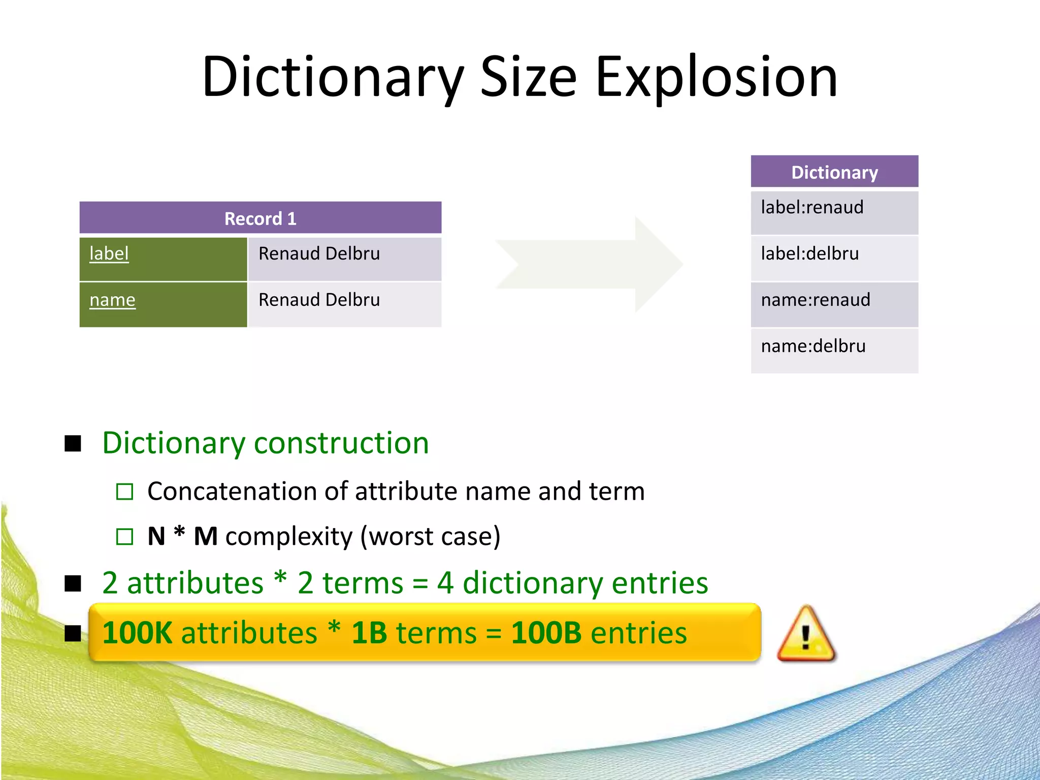 Dictionary Size Explosion
                                                          Dictionary
                                                       label:renaud
                  Record 1
    label            Renaud Delbru                     label:delbru

    name             Renaud Delbru                     name:renaud

                                                       name:delbru



    Dictionary construction
           Concatenation of attribute name and term
           N * M complexity (worst case)
    2 attributes * 2 terms = 4 dictionary entries
    100K attributes * 1B terms = 100B entries
 