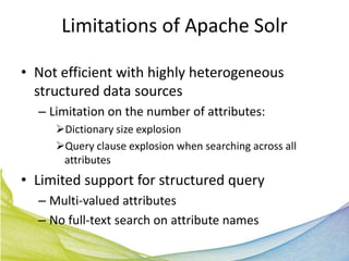 Limitations of Apache Solr

• Not efficient with highly heterogeneous
  structured data sources
  – Limitation on the number of attributes:
     Dictionary size explosion
     Query clause explosion when searching across all
      attributes
• Limited support for structured query
  – Multi-valued attributes
  – No full-text search on attribute names
 