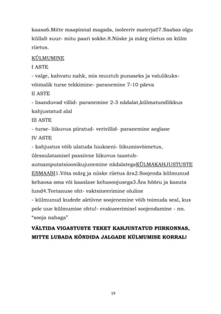 kaasa6.Mitte maapinnal magada, isoleeriv materjal!7.Saabas olgu
küllalt suur- mitu paari sokke.8.Niiske ja märg riietus on külm
riietus.

KÜLMUMINE
I ASTE
- valge, kahvatu nahk, mis muutub punaseks ja valulikuks-
võimalik turse tekkimine- paranemine 7-10 päeva
II ASTE
- lisanduvad villid- paranemine 2-3 nädalat,külmatundlikkus
kahjustatud alal
III ASTE
- turse- liikuvus piiratud- verivillid- paranemine aeglane
IV ASTE
- kahjustus võib ulatuda luukoeni- liikumisvõimetus,
ülessulatamisel passiivne liikuvus taastub-
autoamputatsioonikujunemine nädalategaKÜLMAKAHJUSTUSTE
ESMAABI1.Võta märg ja niiske riietus ära2.Soojenda külmunud
kehaosa oma või kaaslase kehasoojusega3.Ära hõõru ja kasuta
lund4.Teetanuse oht- vaktsineerimine oluline
- külmunud kudede aktiivne soojenemine võib toimuda seal, kus
pole uue külmumise ohtu!- evakueerimisel soojendamine - nn.
“sooja nahaga”

VÄLTIDA VIGASTUSTE TEKET KAHJUSTATUD PIIRKONNAS,
MITTE LUBADA KÕNDIDA JALGADE KÜLMUMISE KORRAL!




                                 19
 