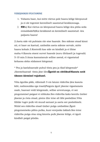 VEREJOOKSU PEATAMINE

  1. Vabasta haav, kui mitte riietus pole haava külge kleepunud
      ja ei ole tegemist keemiliselt saastatud keskkonnaga.
  2. NB!a) Kui riietus on kleepunud haava külge-ära püüa seda
      eemaldada!b)Kui keskkond on keemiliselt saastatud- ära
      paljasta haava!

2.Aseta side või puhtaim riie otse haavale. Seo sideme otsad kinni
nii, et haav on kaetud, umbsõlm aseta sideme servale, mitte
haava kohale.3.Kontrolli kas side on kindlalt ja ei libise
maha.4.Kasuta otsest survet haavale (suru ühtlaselt ja tugevalt)
5-10 min.5.Anna kannatanule selline asend, et vigastatud
kehaosa oleks südamest kõrgemal.

* Pea ja kaelahaavade puhul tõsta pea ja õlad kõrgemale*
Jäsemehaavad- tõsta jäse ülesŽgutid on ohtlikud!Kasuta neid
üksnes äärmisel vajadusel.

Võta ţgutiks pikk, vähemalt 5 cm laiune riideriba (ära kasuta
köit, nailonsukka ega traati)Paiguta ţgutt jäseme vigastamata
osale, haavast veidi kõrgemale, sellise arvestusega, et see
pingutamisel paigast ei nihkuks.Seo riideriba kaks keerdu ümber
jäseme ja rista otsad, pistes ühe teise alt läbi poolsõlme.Võta
lühike tugev pulk või muud sarnast ja aseta see poolsõlmele.
Nüüd seo riideriba otsad ümber pulga umbsõlme.Ţguti
pingutamiseks pööra pulka, kuni verejooks lakkab.Seo teine
riideriba pulga otsa ning kinnita pulk jäseme külge, et ţgutt
kindlalt paigal püsiks.




                                  5
 