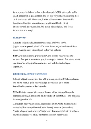 kannatanu, kellel on pulss ja kes hingab, külili, ettepoole kaldu,
jalad kõrgemal ja pea allpool. Nii on aju verevarustus parem. See
on kannatanu ei külmetaks, kaitse niiskuse eest.Ettevaatlik
hoolitsus.Hoolitse kannatanu eest ettevaatlikult, nii et
šhokiseisund ei suureneks.Kui ei ole hädavajalik, ära tõsta
kannatanut kunagi.


PEAHAAVAD

1.Hinda teadvust2.Kannatanu asend: istuv või tervel
(vigastamata) poolel pikali3.Vabasta haav: vajadusel võta kiiver
peast4.Aseta side, jäta silmad ja kõrvad vabaks

NB!* Ära püüa haava puhastada* Ära avalda haavale asjatut
survet* Ära püüa nähtavat ajupinda tagasi lükata* Ära anna süüa
ega juua* Ära liiguta kannatanut, kui kahtlustad selgroo
vigastust.


RINDKERE LAHTISED VIGASTUSED

1.Kontrolli nii sisenemis- kui väljumisaja suhtes.2.Vabasta haav,
kui mitte riietus pole haava külge kleepunud ja ei esine
keemiliselt saastatud keskkonda.

NB!a) Kui riietus on kleepunud haava külge - ära püüa seda
eemaldada!b)Kui keskkond on keemiliselt saastatud - ära paljasta
haava- gaasitorbik.

3.Suurem haav vajab esmajärjekorras abi!4.Aseta hermeetiline
materjal(õhu sissepääsu takistamiseks) haavale (haavadele)
* kata käega ava rindkeres* kata haav kummist; kilest või mõnest
muust käepärasest õhku mitteläbilaskvast materjalist.

                                 7
 