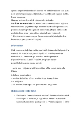 a)aseta organid või soolestik haavale või selle lähedusse- ära püüa
neid kõhtu tagasi suruda!b)Kata haav ja väljunud organid puhta,
kuiva sidemega.
Haavale kolmnurkne rätik täiendavaks kaitseks.
NB! ÄRA KAHJUSTA!a)Ära katsu kõhuõõnest väljunud organeid
või soolestikku paljaste kätega (saastamisoht)!b)Ära püüa haava
puhastada!c)Ära püüa organeid (soolestikku) tagasi kõhuõõnde
asetada.d)Ära anna juua, süüa, niisuta huuli vajadusel.
* Kiire transport raviasutusse (lamavas asendis jalad põlvedest
kõverdatud; pea pööratud küljele).


LUUMURRUD

Kõik luumurru kahtlusega jäsemed tuleb lahastada1.Lahas tuleb
asetada nii, et murruga jäse ei liiguks, et vereringe ei oleks
takistatud.2.Lahas ulatugu murrust kahele poole üle
liigese3.Polsterda lahas hoolikalt4.Ära püüa murdu
paigaldada5.Lahtise murru korral:

- aseta side- väljaulatuvaid luuotsi ära püüa tagasi naha alla
lükata

6.Lahase puudumisel:
- seo jäse kehatüve külge- seo jäse teise jäseme külge
Ära kahjusta:
- ära takista vereringet- ära püüa murdu paigaldada


MÜRKMADUDE HAMMUSTUS

  1. Kannatanu toimetada maost eemale2.Eemaldada sõrmused,
      käekell jms.3.Rahusta ja taga rahu4.Aseta 2 survesidet:
      hammustusest üles- ja allapoole 5-10 cm kaugusele (1 sõrm
                                  9
 