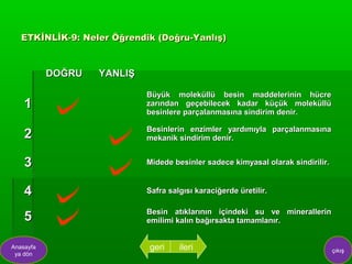 ETKİNLİK-9: Neler Öğrendik (Doğru-Yanlış)



           DOĞRU   YANLIŞ

                            Büyük moleküllü besin maddelerinin hücre
    1                       zarından geçebilecek kadar küçük moleküllü
                            besinlere parçalanmasına sindirim denir.

                            Besinlerin enzimler yardımıyla parçalanmasına
    2                       mekanik sindirim denir.


    3                       Midede besinler sadece kimyasal olarak sindirilir.


    4                       Safra salgısı karaciğerde üretilir.

                            Besin atıklarının içindeki su ve minerallerin
    5                       emilimi kalın bağırsakta tamamlanır.


Anasayfa                    geri     ileri                                       çıkış
 ya dön
 