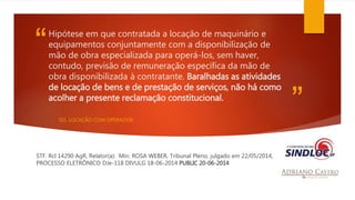 “ 
” 
Hipótese em que contratada a locação de maquinário e 
equipamentos conjuntamente com a disponibilização de 
mão de obra especializada para operá-los, sem haver, 
contudo, previsão de remuneração específica da mão de 
obra disponibilizada à contratante. Baralhadas as atividades 
de locação de bens e de prestação de serviços, não há como 
acolher a presente reclamação constitucional. 
ISS. LOCAÇÃO COM OPERADOR. 
STF. Rcl 14290 AgR, Relator(a): Min. ROSA WEBER, Tribunal Pleno, julgado em 22/05/2014, 
PROCESSO ELETRÔNICO DJe-118 DIVULG 18-06-2014 PUBLIC 20-06-2014 
 