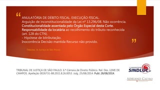 “ 
” 
ANULATÓRIA DE DÉBITO FISCAL. EXECUÇÃO FISCAL. 
Arguição de inconstitucionalidade da Lei nº 13.296/08. Não ocorrência. 
Constitucionalidade assentada pelo Órgão Especial desta Corte. 
Responsabilidade da locatária ao recolhimento do tributo reconhecida 
(art. 128 do CTN). 
- Hipótese de bitributação. 
Inocorrência Decisão mantida Recurso não provido. 
TRIBUNAL DE JUSTIÇA DE SÃO PAULO. 
TRIBUNAL DE JUSTIÇA DE SÃO PAULO. 6.ª Câmara de Direito Público. Rel. Des. LEME DE 
CAMPOS. Apelação 0026731-88.2011.8.26.0053. Julg. 25/08/2014. Publ. 28/08/2014. 
 