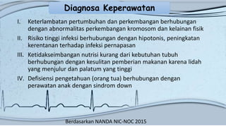 I. Keterlambatan pertumbuhan dan perkembangan berhubungan
dengan abnormalitas perkembangan kromosom dan kelainan fisik
II. Risiko tinggi infeksi berhubungan dengan hipotonis, peningkatan
kerentanan terhadap infeksi pernapasan
III. Ketidakseimbangan nutrisi kurang dari kebutuhan tubuh
berhubungan dengan kesulitan pemberian makanan karena lidah
yang menjulur dan palatum yang tinggi
IV. Defisiensi pengetahuan (orang tua) berhubungan dengan
perawatan anak dengan sindrom down
Berdasarkan NANDA NIC-NOC 2015
Diagnosa Keperawatan
 