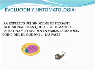 LOS EXPERTOS DEL SINDROME DE DESGASTE PROFESIONAL CITAN QUE SURGE DE MANERA PAULATINA Y LO DIVIDEN EN VARIAS,LA MAYORIA COINCIDEN EN QUE SON 4  LAS FASES 