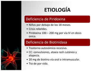 ETIOLOGÍA
Deficiencia de Piridoxina
• Niños por debajo de los 18 meses.
• Crisis rebeldes.
• Piridoxina 100 – 200 mg por vía IV en dosis
única.
Deficiencia de Biotinidasa
• Trastorno autosómico recesivo.
• CC: convulsiones, ataxia rash cutáneo y
alopecia.
• 20 mg de biotina vía oral o intramuscular.
• Tto de por vida.
 