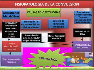 FISIOPATOLOGIA DE LA CONVULSION
CAUSAS FISIOPATOLOGIAS
Alteraciones
Metabólicas
HIPOGLUCEMIA
HIPONATREMIA
HIPOCALEMIA
HIPOCALCEMIA
HIPOXIA
ACALOSIS
Liberación o
excitación del Sist.
Ret. Activador
Anomalías del
Sistema Reticular,
origen idiopático
Defecto de
Fosfato de
Piridoxina
Menor Formación
de GABA
Traumatismo
Craneoencefálico,
Tumores,
Infecciones, Sint.
Febril Infancia
Lesiones en las
Glías
HIPEREXCITABILIDA
D NEURONAL
Mayor
despolarización
neuronal
Hipersincronizacion
Neuronal
Bibliografía: Medicina Interna Harrison, OMS, WIKIPEDIA, Medicina Interna Roca, F.patologia Ganon
 