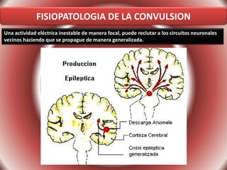 FISIOPATOLOGIA DE LA CONVULSION
Una actividad eléctrica inestable de manera focal, puede reclutar a los circuitos neuronales
vecinos haciendo que se propague de manera generalizada.
 