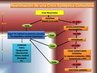 Crisis Recurrentes
DIAZEPAN
Repetir si no cede
Seguir Tto habitual en paciente conocido,
Tto especifico a reciente Diagnostico
DIFENILHIDANTOINA
FENOBARBITAL
MIDAZOLAN
COMA BARBITURICO
TIOPENTAL
Se requiere intubación, VMA,
vasopresores y PVC
Cede
No cede
No cede
Cede
CORREGIR
Fiebre
Hipoglucemia
Hipocalcemia
Edema cerebral
Meningitis
Etc.
10 min
20 min
40 min
0 min
Cede
No cede
ANESTESIA GENERAL
No cede
Cede
Reanimación de una Crisis Epiléptica Convulsiva
 