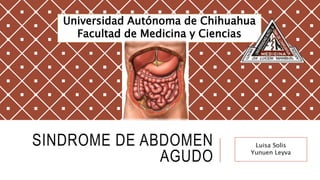 SINDROME DE ABDOMEN
AGUDO
Luisa Solis
Yunuen Leyva
Universidad Autónoma de Chihuahua
Facultad de Medicina y Ciencias
Biomédicas
 