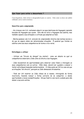 15
Que fazer para evitar a descortesia ?
Com frequência, João torna-se desagradável para os outros. Fala como se fosse um adulto
ralhando com os outros meninos.
Descritivo para compreensão
- As crianças com S.A. costumam adquirir as suas destrezas de linguagem copiando
bocados da linguagem que ouvem. Isto não só inclui a linguagem dos adultos, mas
também copiam a sua entoação e a atitude que adoptam ao falar.
- Muitas pessoas com S.A. carecem de compreensão intuitiva das normas sociais e
do que se espera deles em determinadas situações. É possível que tratem os
adultos como aos seus companheiros de turma e vice-versa.
Estratégias a utilizar
- Utilizar um “Circulo de Amigos” (ou similar) como um debate no qual os
companheiros observam a João como os afecta a sua linguagem.
- João necessitará de oportunidades para observar como falam e interagem os
seus companheiros com os outros. Além disso ,deverá ser ajudado a ensaiar e
tentar estratégias baseadas nestes modelos.. O vídeo pode ser útil no caso em que
as situações “em directo”, pareçam ao João demasiado stressantes.
- Pode ser útil mostrar ao João vídeos de si mesmo, interagindo de forma
incorrecta, fazendo realçar a forma correcta de se comportar, e dando
oportunidade a novas exemplificações. Há que fazê-lo com muito cuidado para não
abalar a sua auto-estima.
 